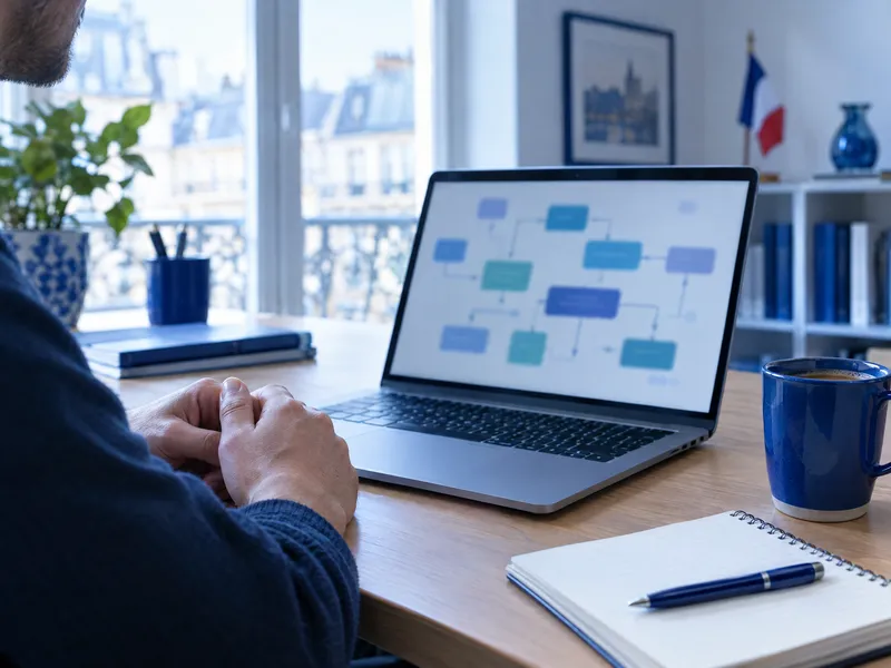 Ordinateur portable affichant un schéma de blocs reliés, sur un bureau avec un carnet et une tasse bleue