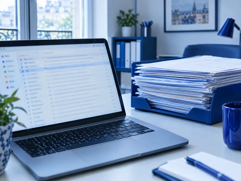 Ordinateur portable ouvert sur une boîte mail rangée, à côté d'un bac de factures papier