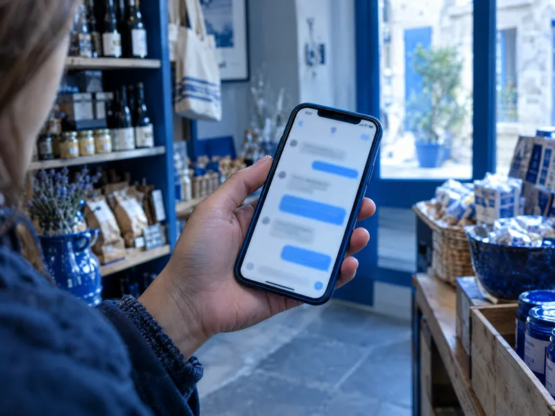 Main tenant un téléphone qui affiche une conversation, dans une petite boutique