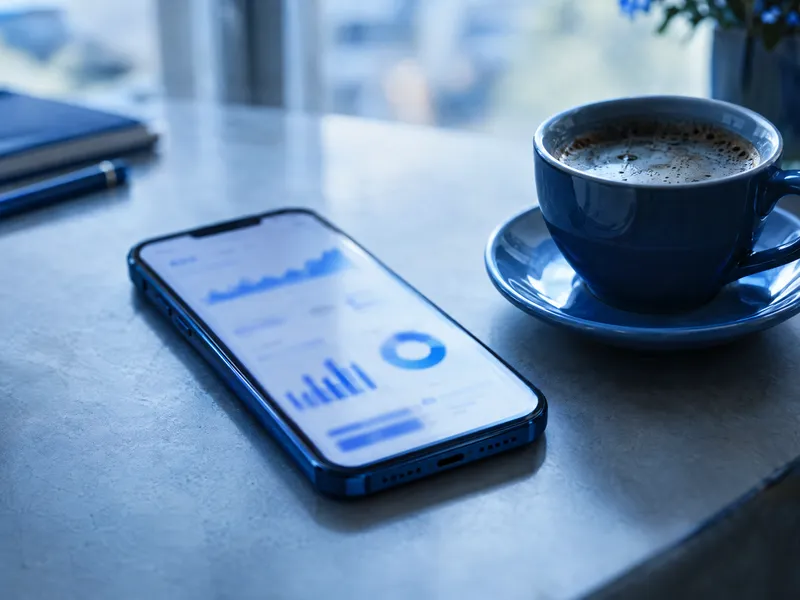 Téléphone posé à côté d'un café, affichant un bilan avec des graphiques