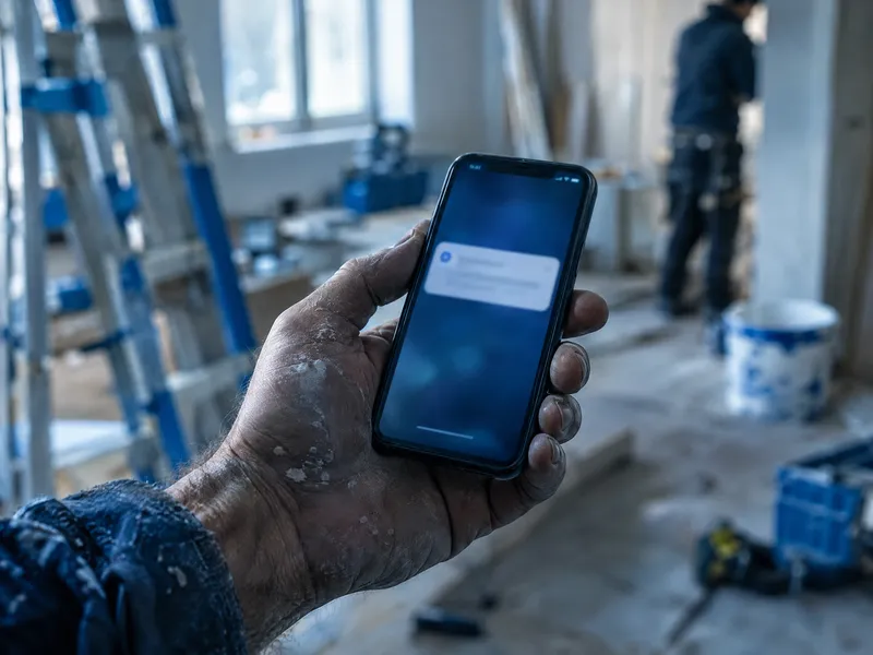 Main d'artisan tenant un téléphone qui affiche une notification, sur un chantier de rénovation