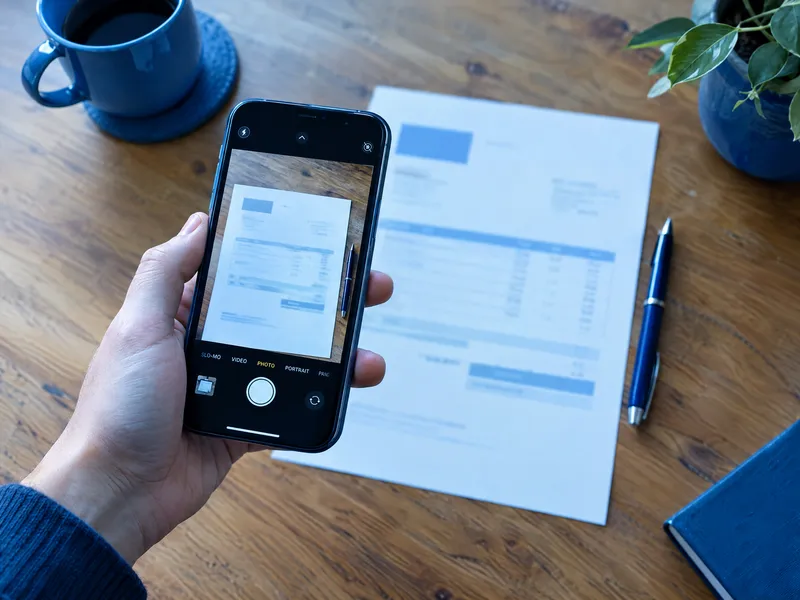Téléphone qui photographie une facture papier posée sur une table en bois