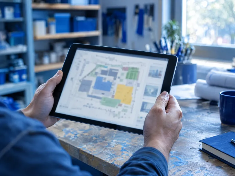 Mains tenant une tablette qui affiche un logiciel de planning, dans un atelier