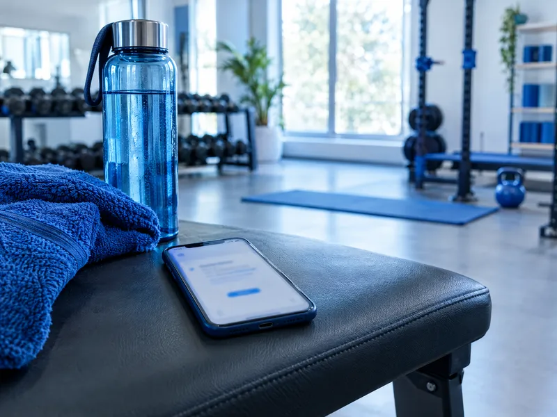 Téléphone posé sur un banc de musculation, affichant un rappel de rendez-vous, avec une gourde et une serviette